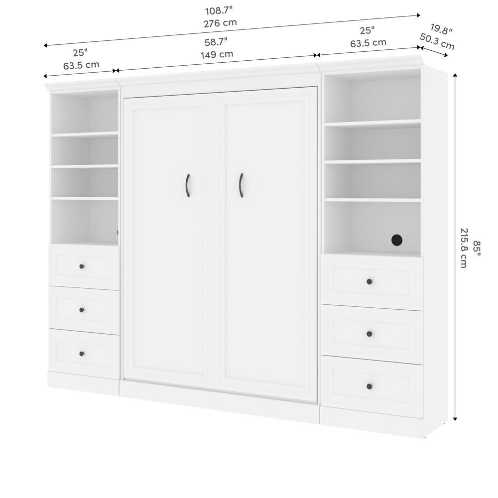 Versatile Full Murphy Bed and 2 Closet Organizers with Drawers (109W) in White. Picture 13