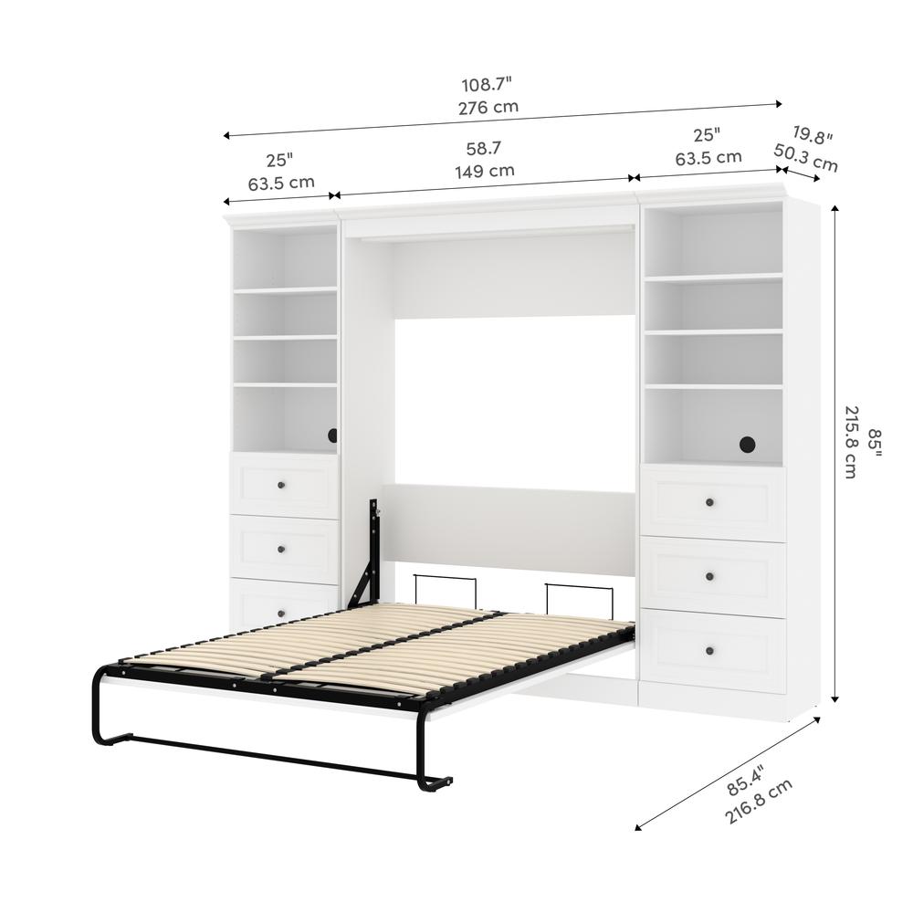 Versatile Full Murphy Bed and 2 Closet Organizers with Drawers (109W) in White. Picture 14