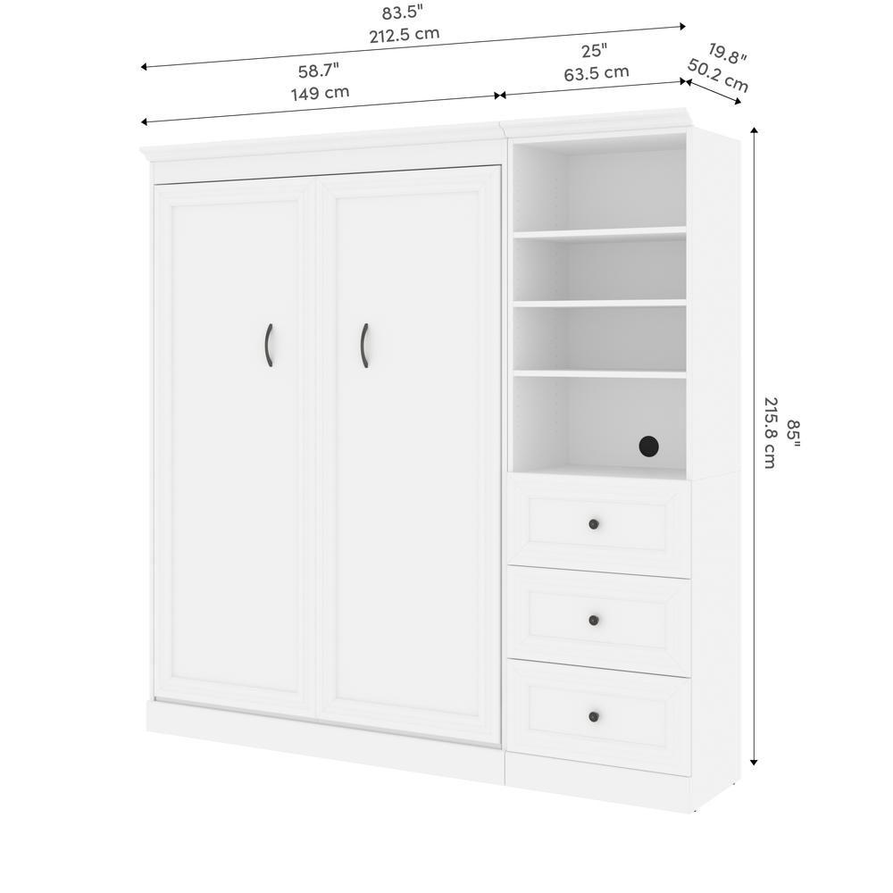 Versatile Full Murphy Bed and Closet Organizer with Drawers (84W) in White. Picture 13