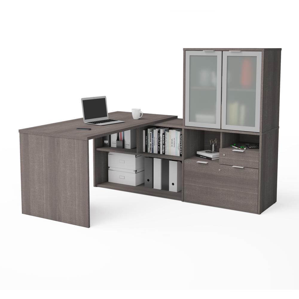 i3 Plus L-Desk with Frosted Glass Door Hutch in Bark Gray. The main picture.