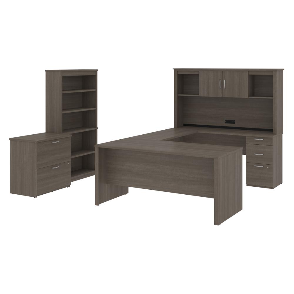 Bestar Logan 66W U-Shaped Desk with Hutch, Lateral File Cabinet, and Bookcase in bark grey. Picture 1
