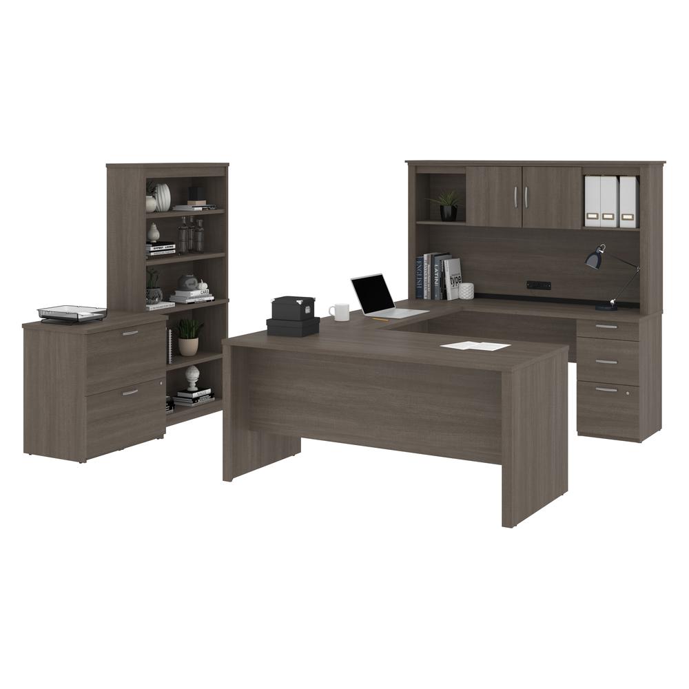 Bestar Logan 66W U-Shaped Desk with Hutch, Lateral File Cabinet, and Bookcase in bark grey. Picture 2