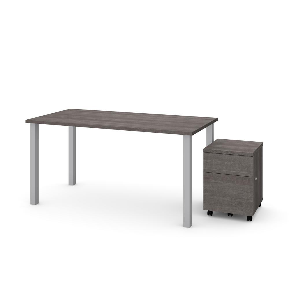 Bestar 2 Piece 30" x 60" Table and Mobile Filing Cabinet in Bark Gray. Picture 2