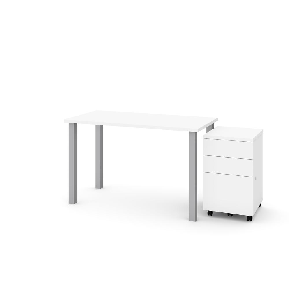 Bestar 2-Piece 24" x 48" Table with Square Metal Legs and Assembled Mobile Filing Cabinet in White. Picture 2