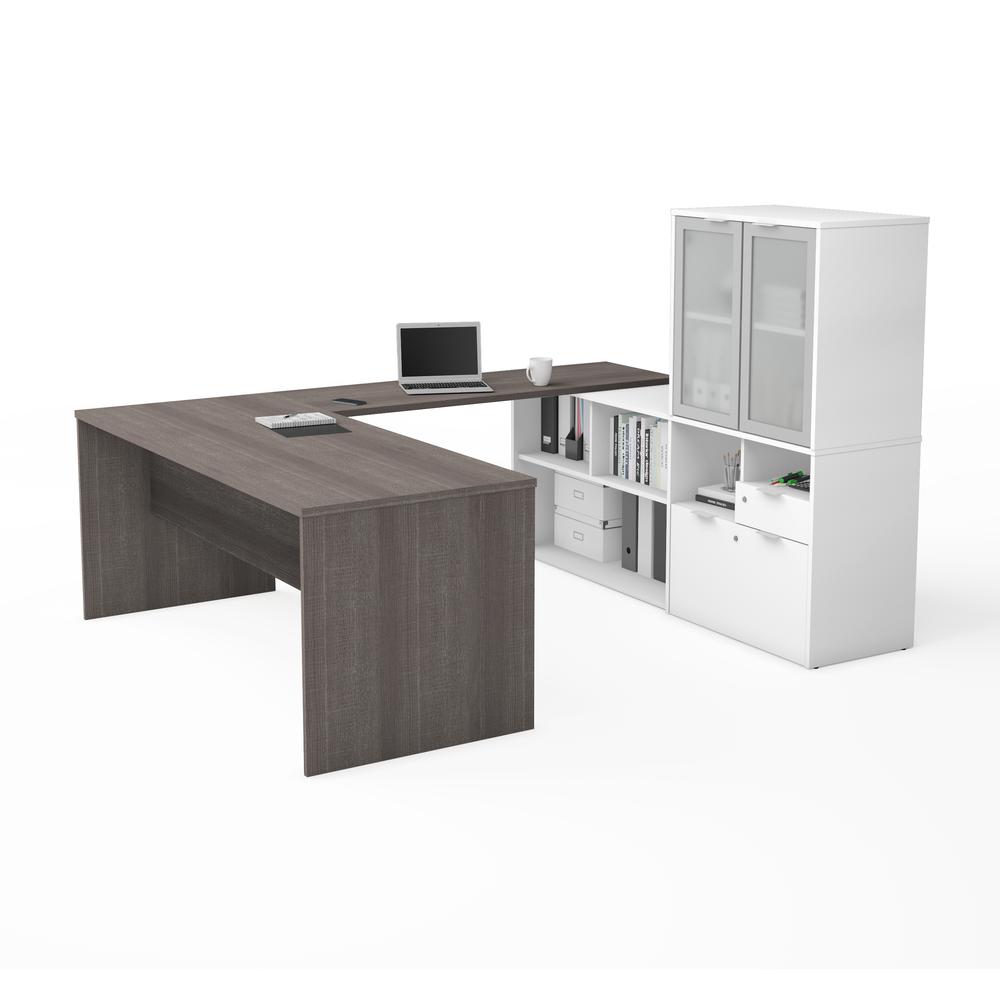 i3 Plus U-Desk with Frosted Glass Door Hutch in Bark Gray & White. The main picture.