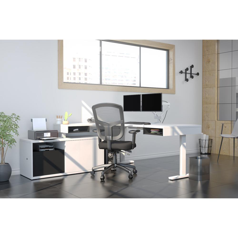 Height Adjustable L-Desk with Dual Monitor Arm in White and Black. Picture 3