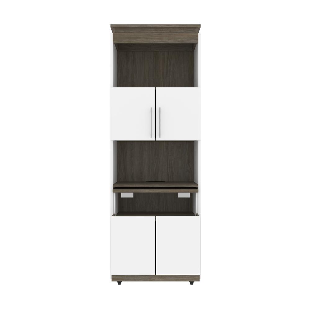 Bestar Orion 30W Shelving Unit with Fold-Out Desk in white & walnut grey. Picture 3