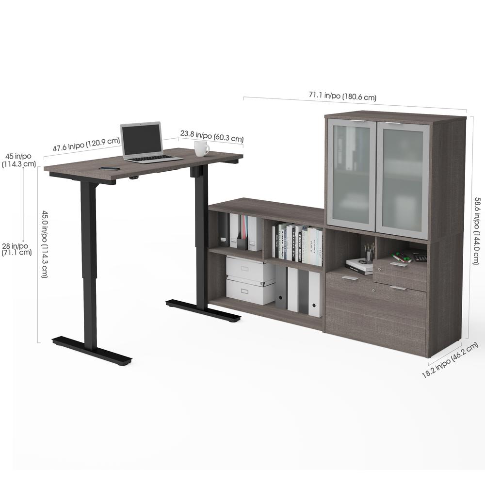 i3 Plus Height Adjustable L-Desk with Frosted Glass Door Hutch in Bark Gray. Picture 2