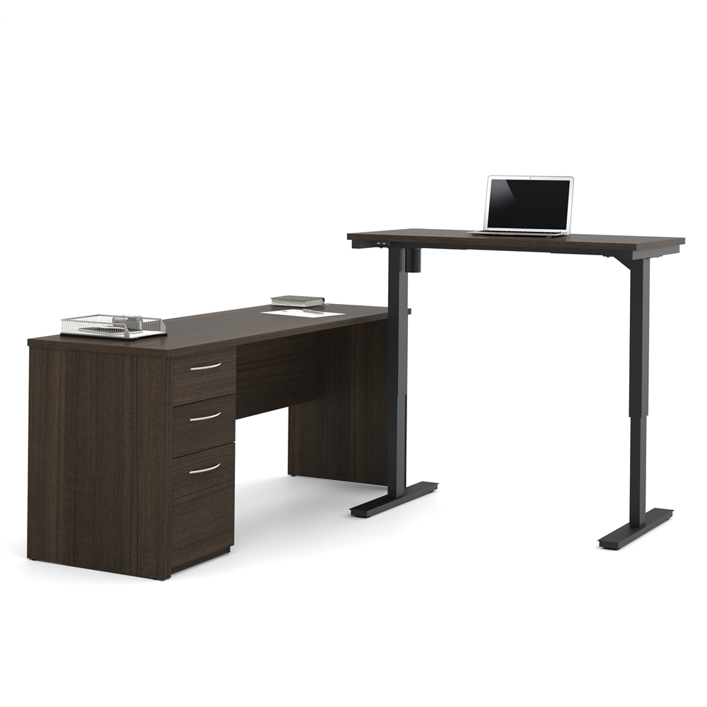 Embassy L-Desk including Electric Height Adjustable Table in Dark Chocolate. Picture 1