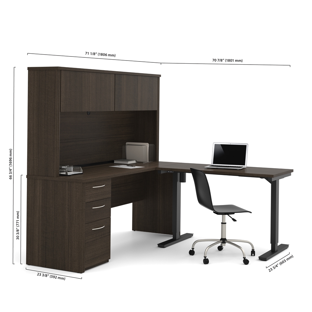 Embassy L-Desk with Hutch including Electric Height Adjustable Table in Dark Chocolate. Picture 5