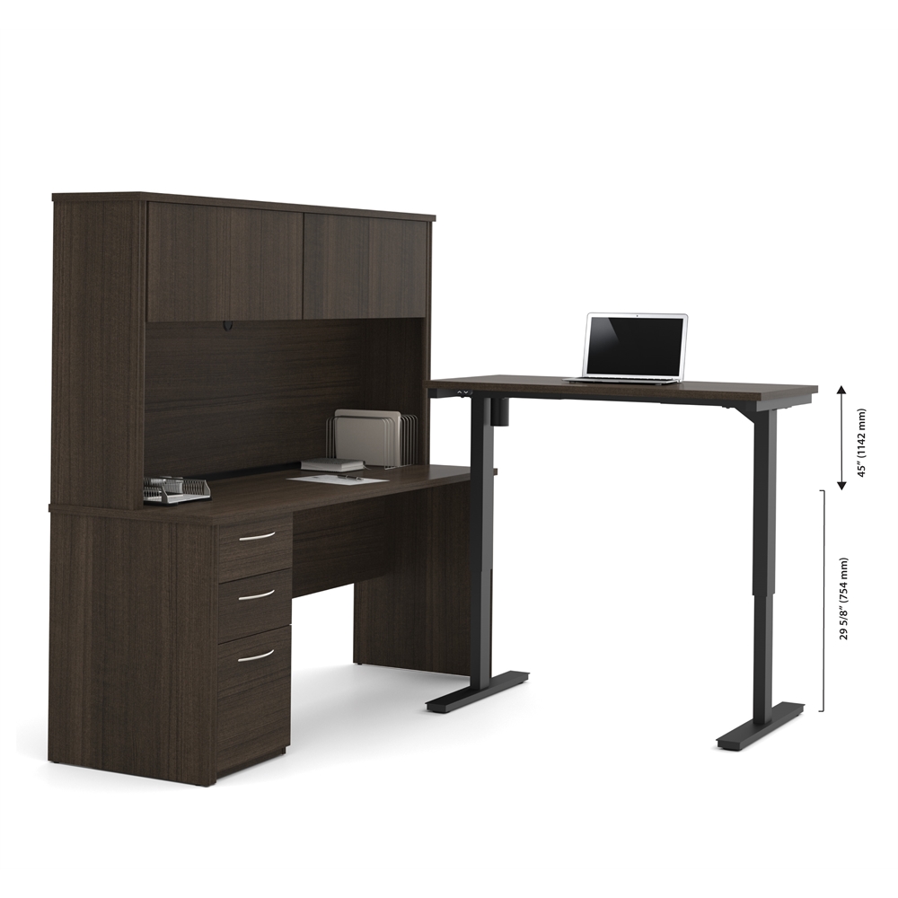 Embassy L-Desk with Hutch including Electric Height Adjustable Table in Dark Chocolate. Picture 4