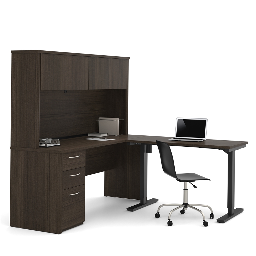 Embassy L-Desk with Hutch including Electric Height Adjustable Table in Dark Chocolate. Picture 3