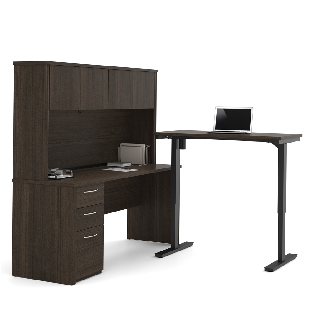 Embassy L-Desk with Hutch including Electric Height Adjustable Table in Dark Chocolate. Picture 1