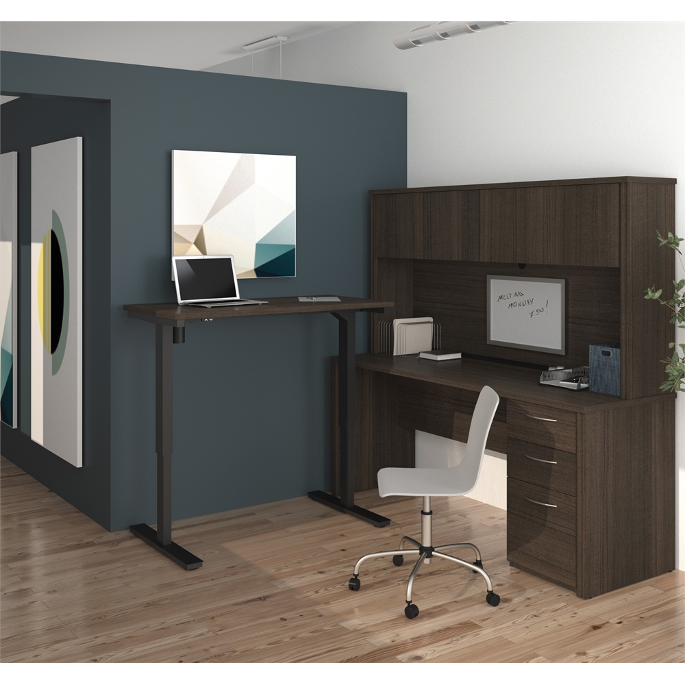 Embassy L-Desk with Hutch including Electric Height Adjustable Table in Dark Chocolate. Picture 2