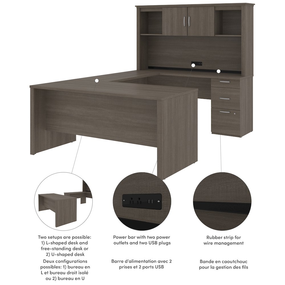 Bestar Logan 66W U or L-Shaped Executive Office Desk with Pedestal and Hutch in bark grey. Picture 2