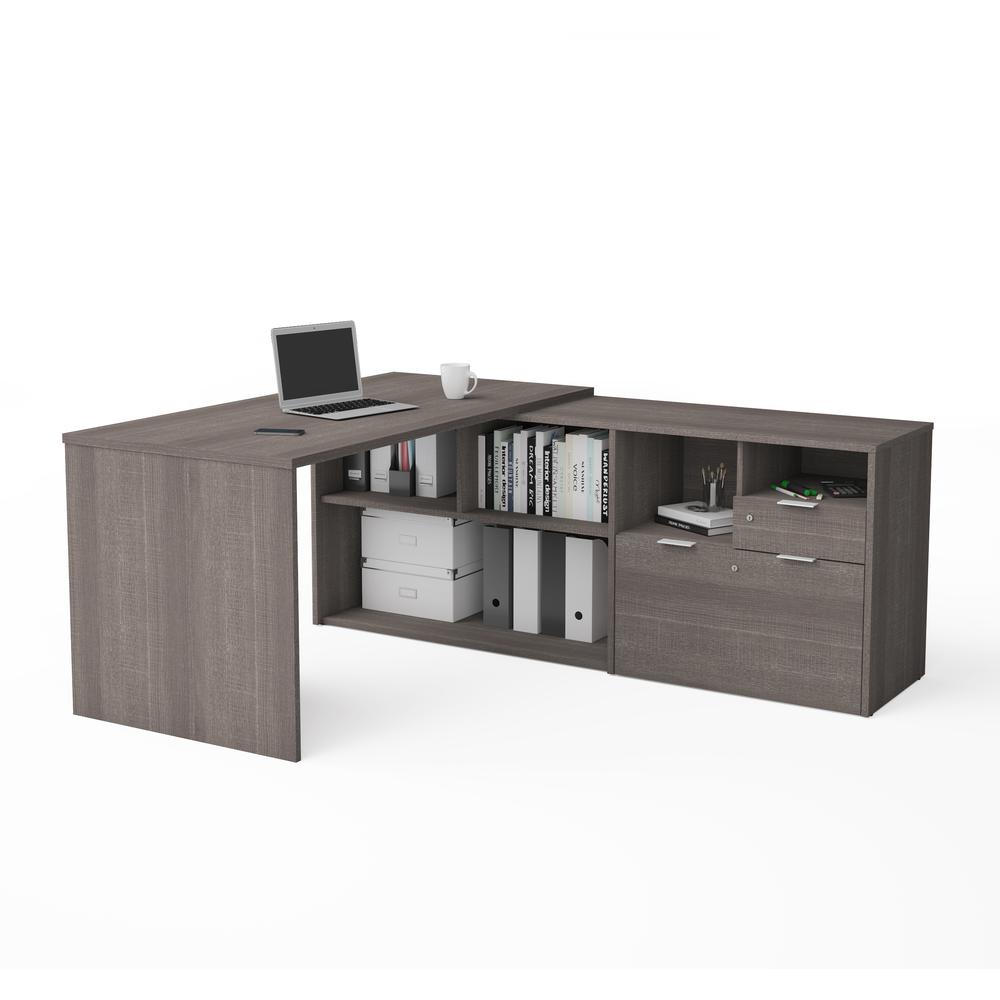 i3 Plus L-Desk with Two Drawers in Northern Bark Gray. Picture 1
