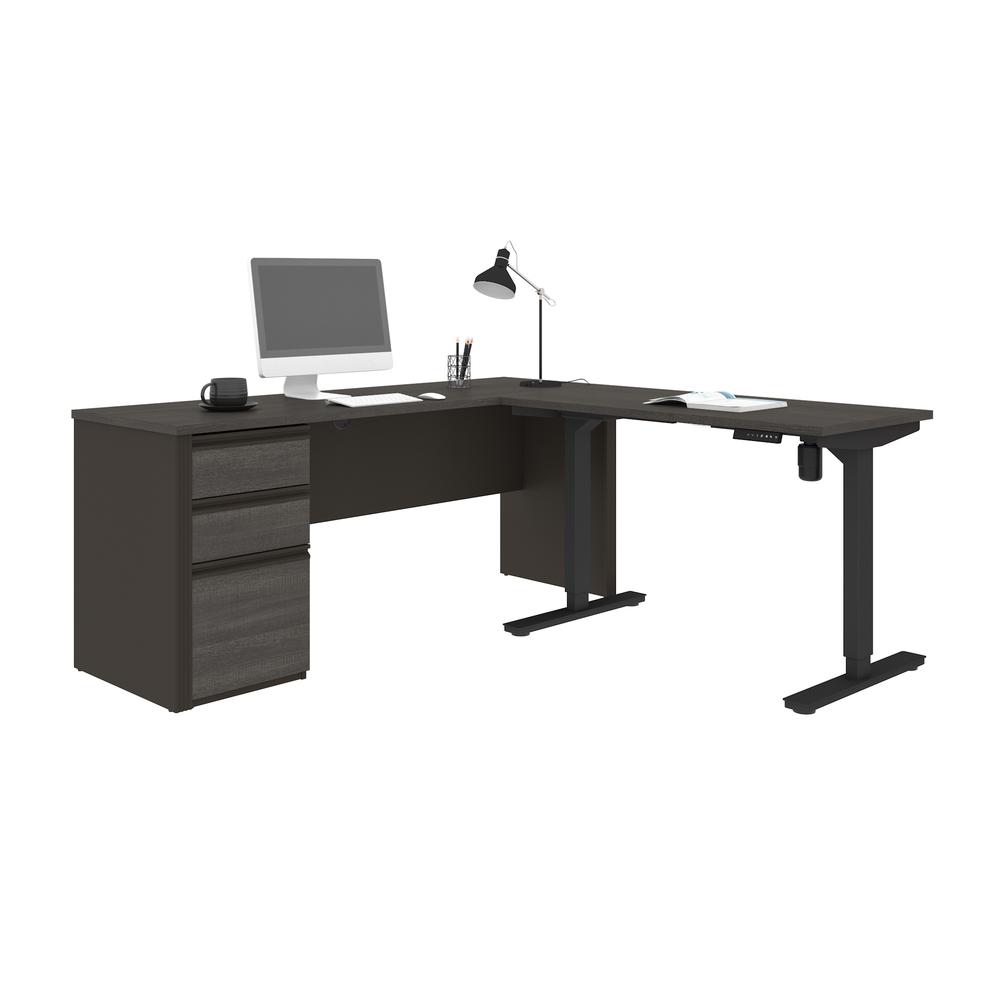 Prestige + Height Adjustable L-Desk in Bark Gray & Slate. Picture 1