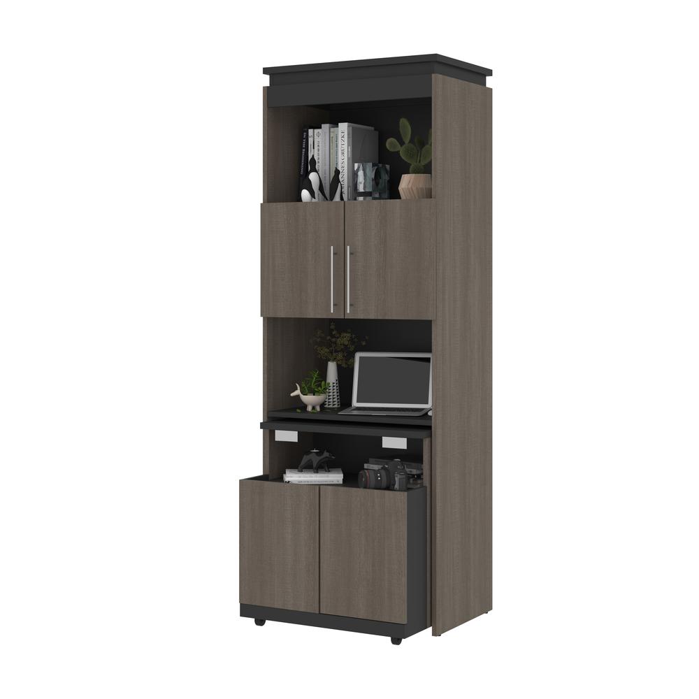 Bestar Orion 30W Shelving Unit with Fold-Out Desk in bark gray & graphite. Picture 2