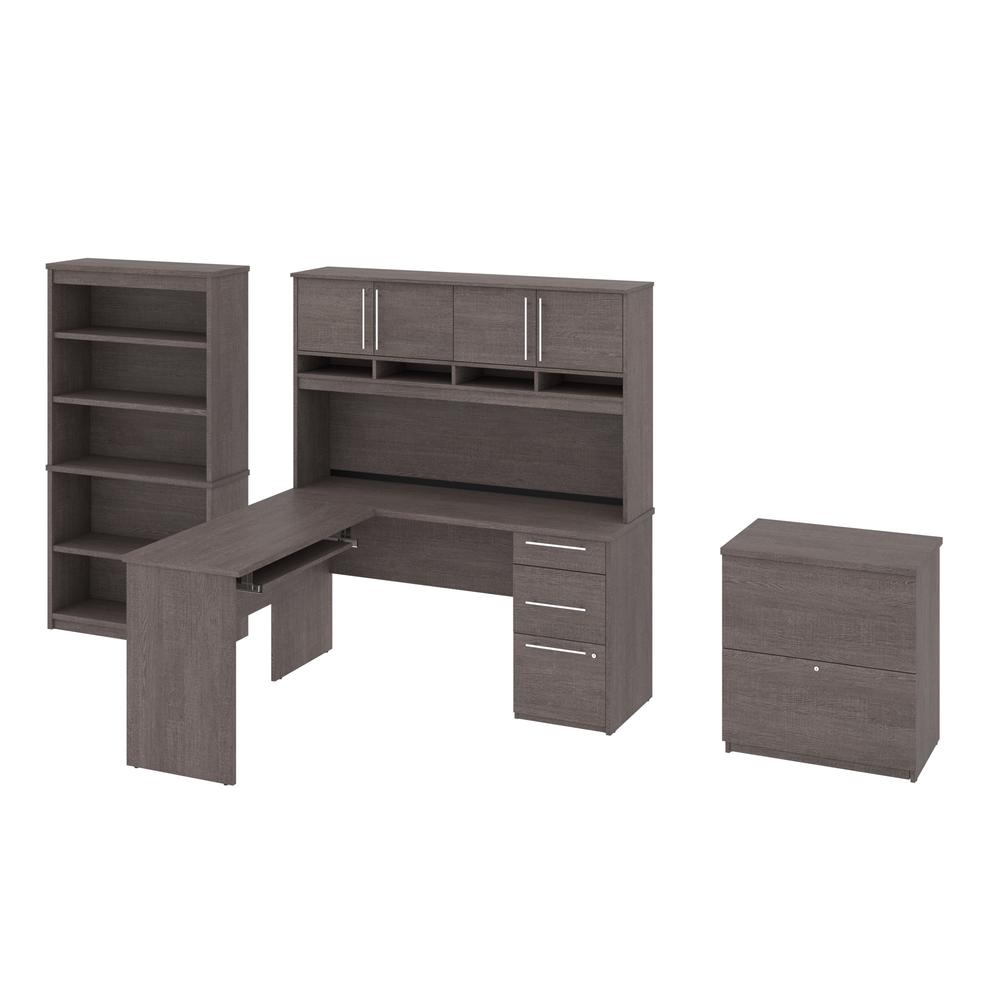 Bestar Innova 60W L-Shaped Desk with Hutch, Lateral File Cabinet, and Bookcase , Bark Grey. Picture 1