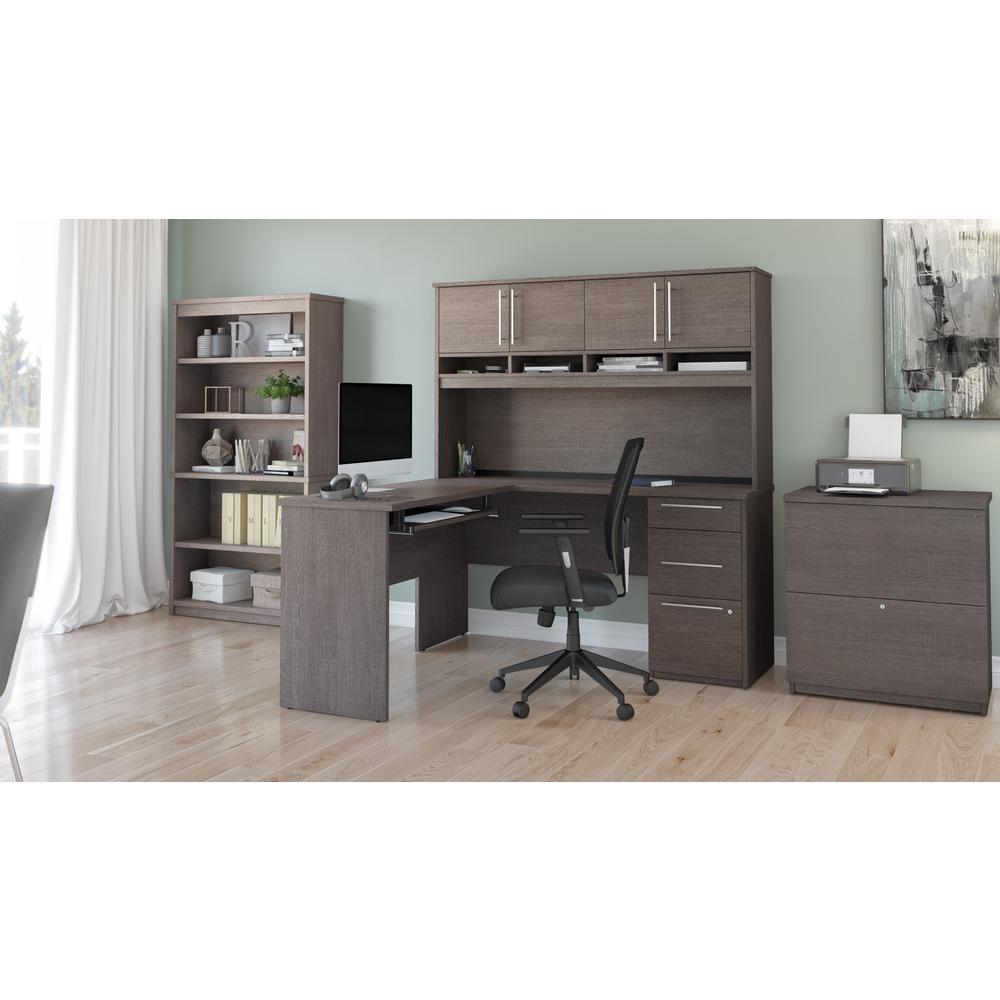 Bestar Innova 60W L-Shaped Desk with Hutch, Lateral File Cabinet, and Bookcase , Bark Grey. Picture 2