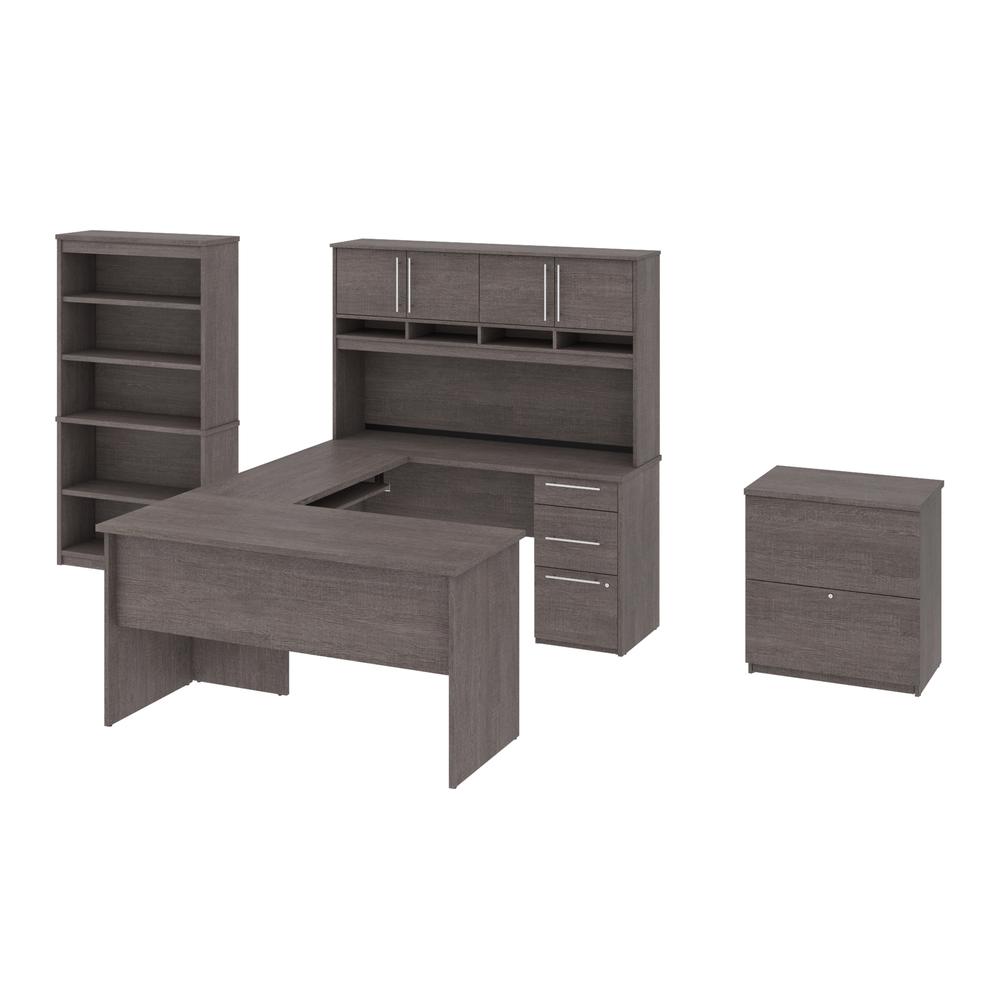 Bestar Innova 83W U or L-Shaped Desk with Hutch, Lateral File Cabinet, and Bookcase , Bark Grey. Picture 1
