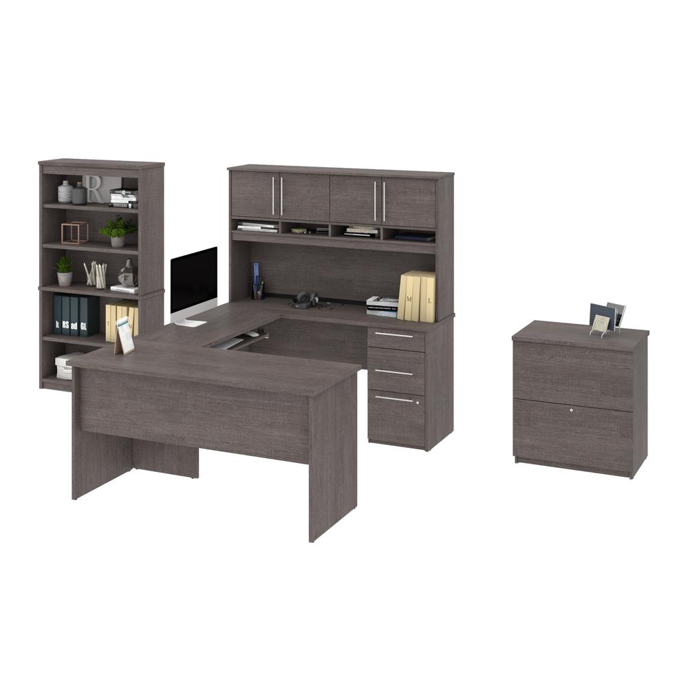 Bestar Innova 83W U or L-Shaped Desk with Hutch, Lateral File Cabinet, and Bookcase , Bark Grey. Picture 2