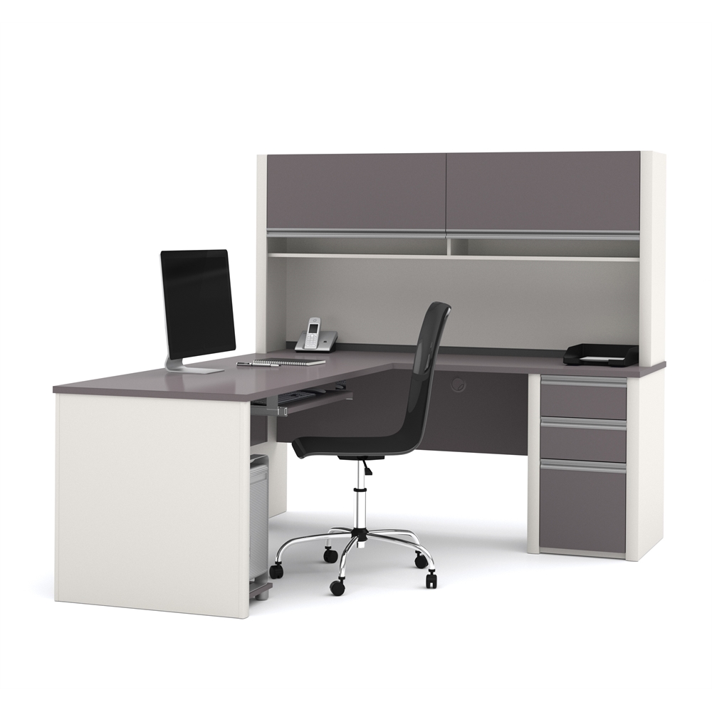 Connexion L-shaped workstation with hutch in Slate & Sandstone. Picture 1