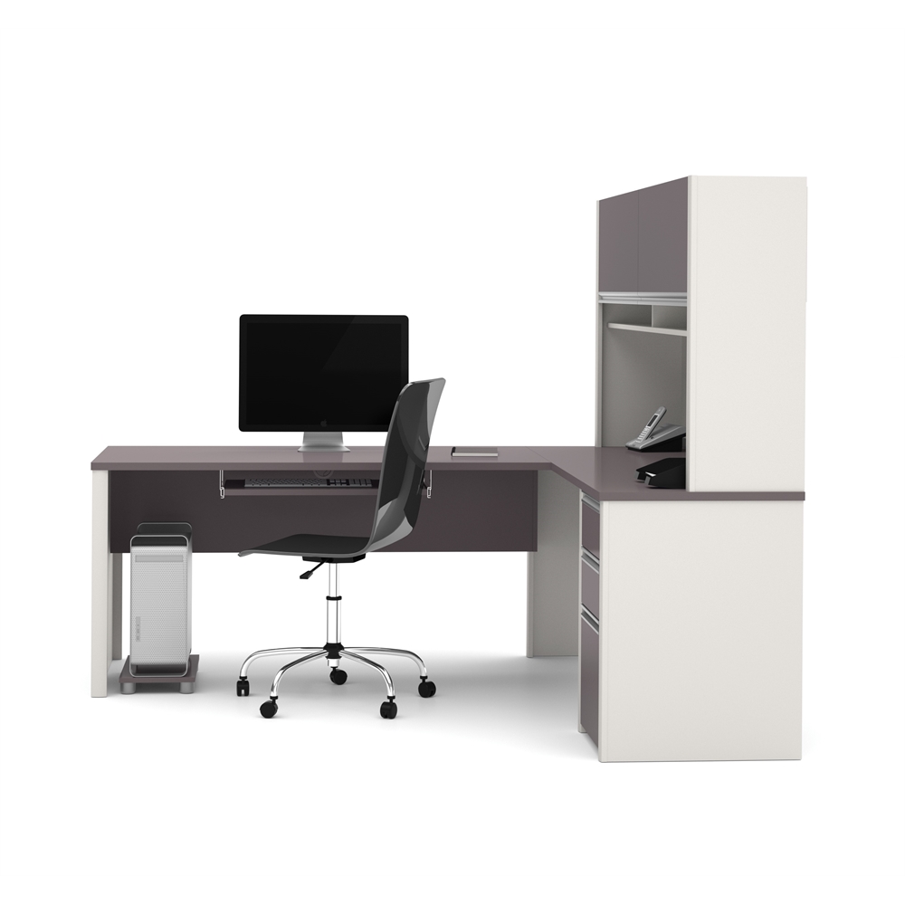 Connexion L-shaped workstation with hutch in Slate & Sandstone. Picture 2