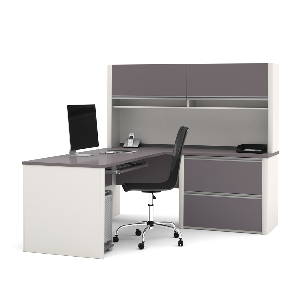 Connexion L-shaped workstation in Slate & Sandstone. Picture 1