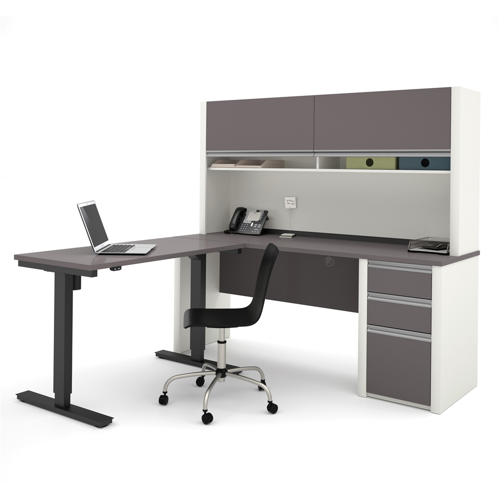 Connexion Height Adjustable L-Desk with Hutch in Slate & Sandstone. Picture 3