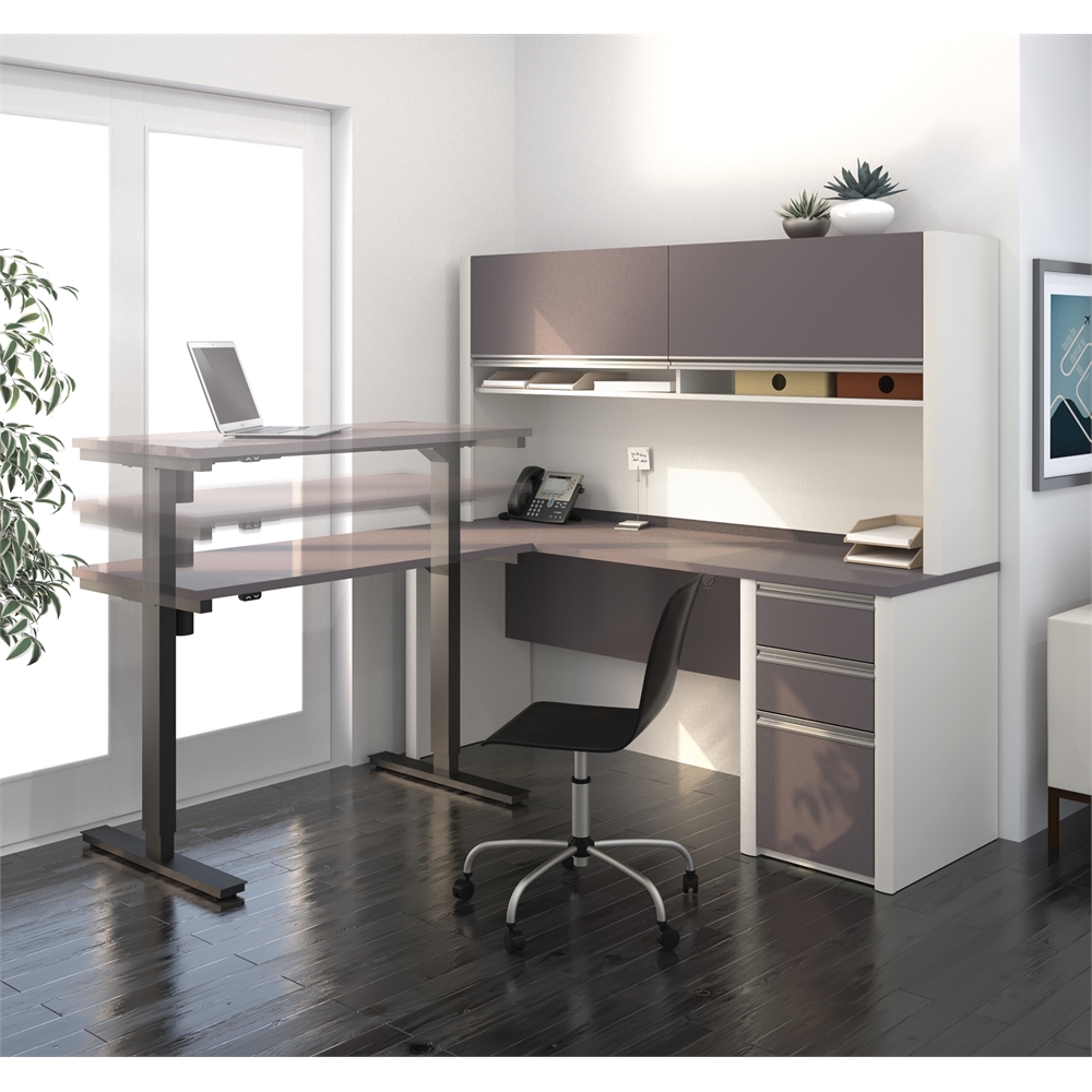 Connexion Height Adjustable L-Desk with Hutch in Slate & Sandstone. Picture 2