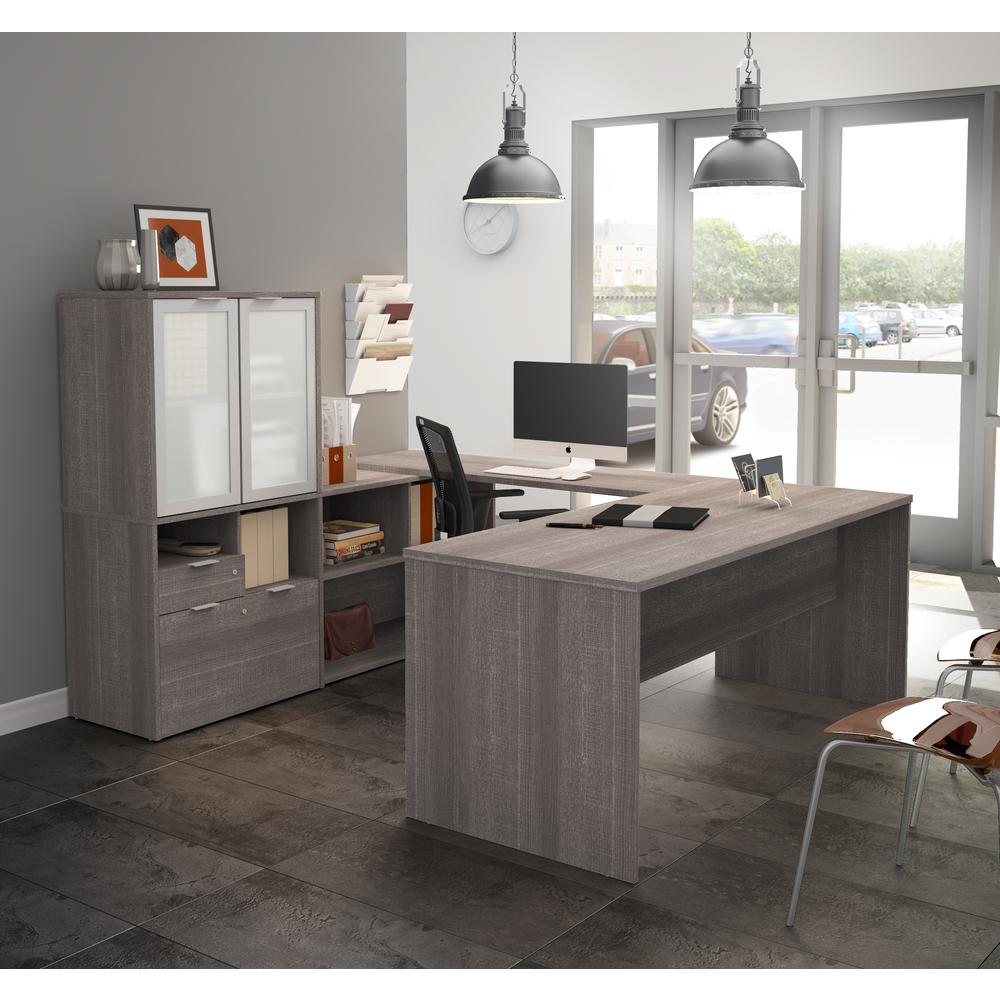 i3 Plus U-Desk with Frosted Glass Door Hutch in Bark Gray. Picture 2