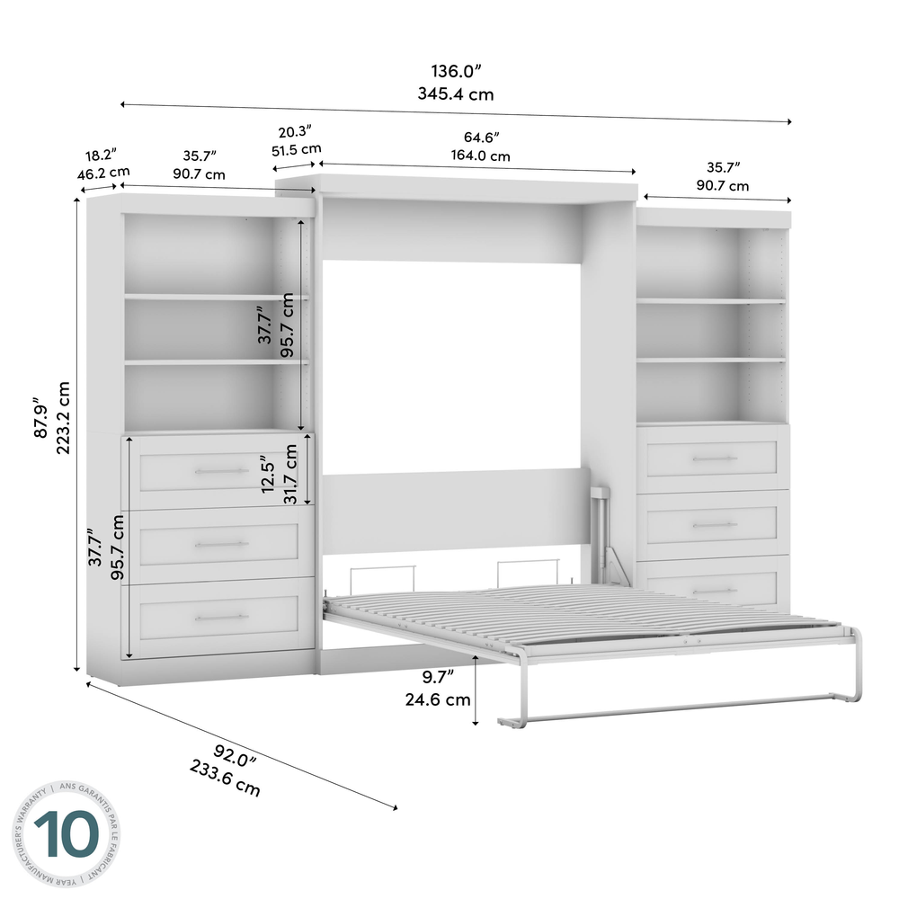 Pur Queen Murphy Bed and 2 Shelving Units with Drawers (136W) in Platinum Gray. Picture 8