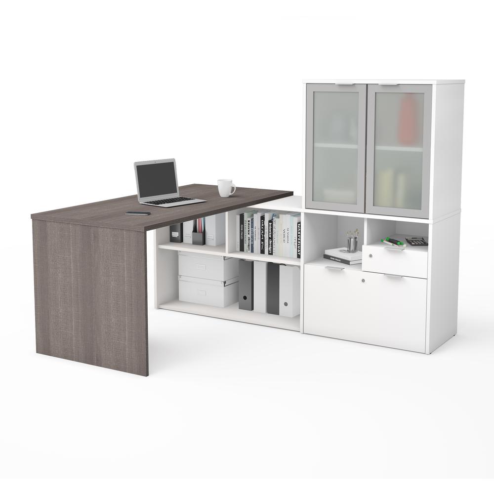 i3 Plus L-Desk with Frosted Glass Door Hutch in Bark Gray & White. The main picture.