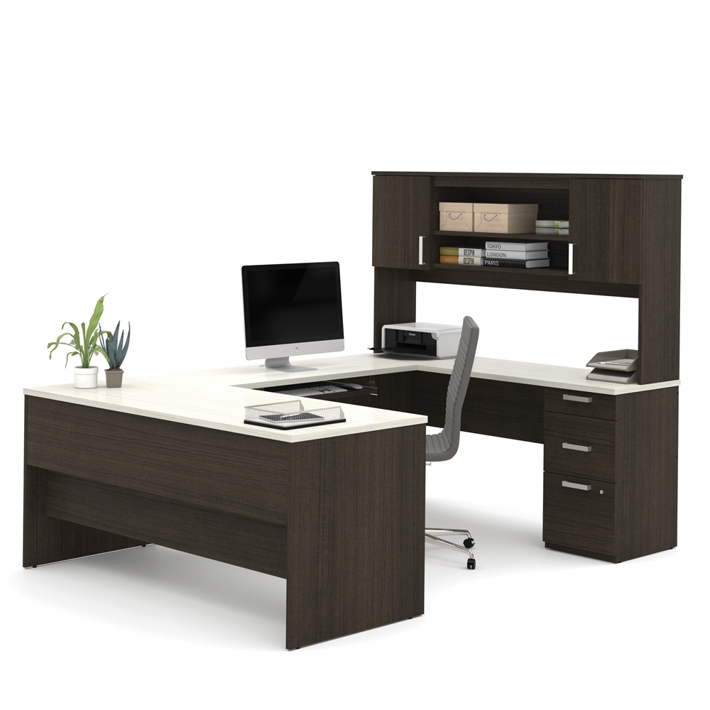 Ridgeley U-shaped Desk with lateral file and bookcase in Dark Chocolate & White Chocolate. The main picture.