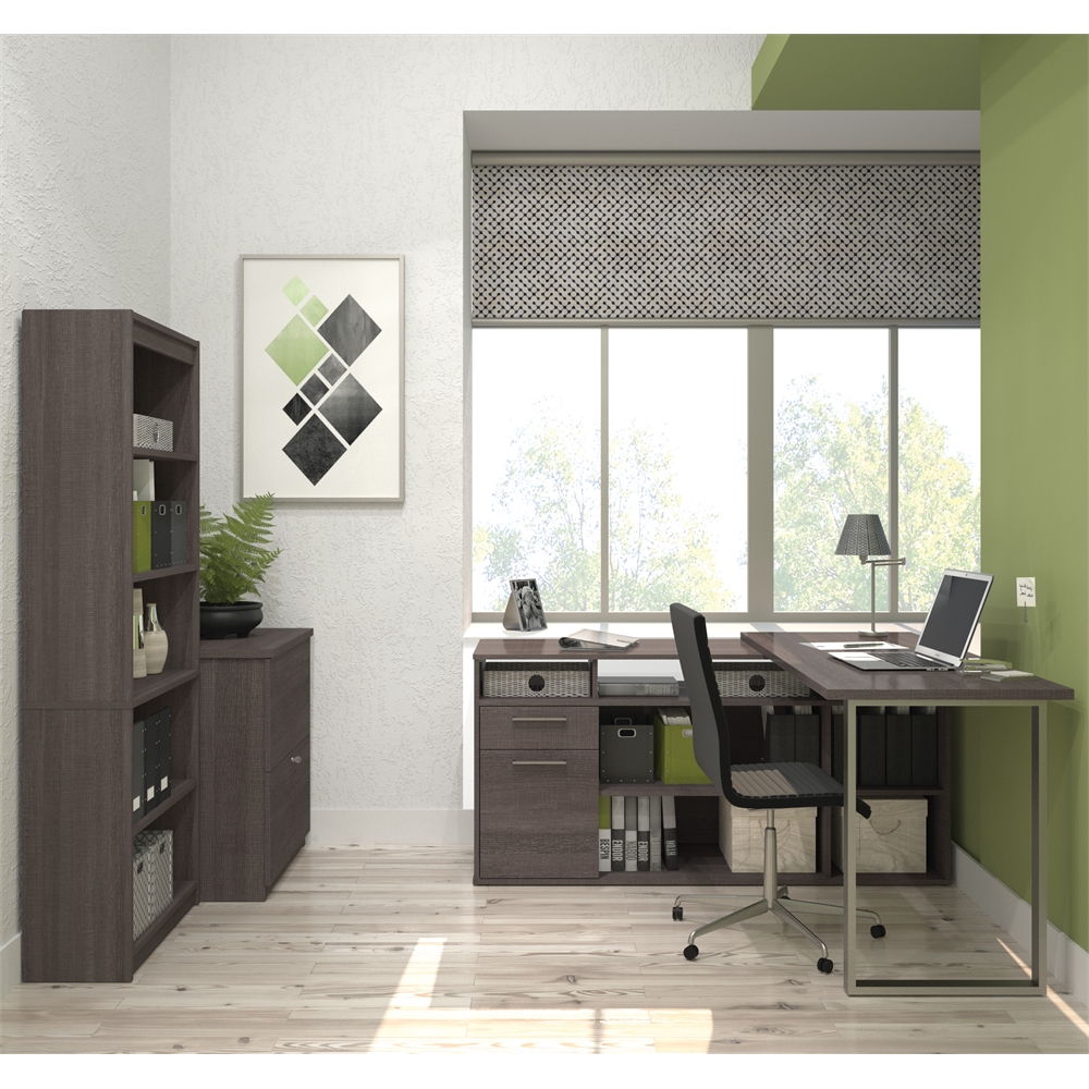 Solay L-Shaped Desk with lateral file and bookcase in Bark Gray. Picture 2