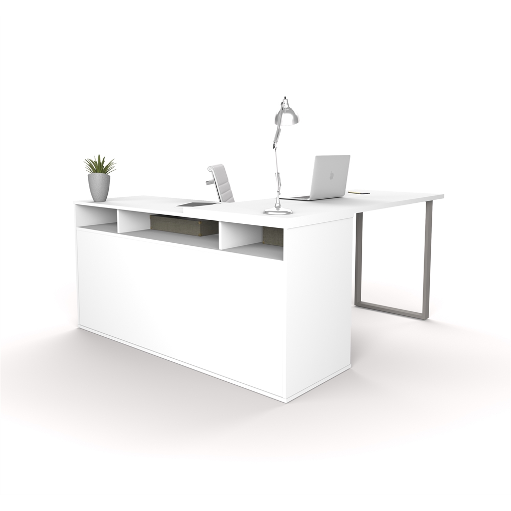 Solay L-Shaped Desk with lateral file and bookcase in White. Picture 5