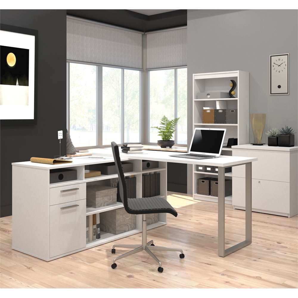 Solay L-Shaped Desk with lateral file and bookcase in White. Picture 1