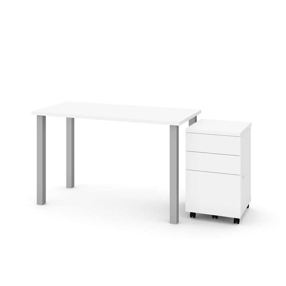 BESTAR Universel 2-Piece set including 24“ x 48“ table desk and an assembled mobile pedestal in white. The main picture.