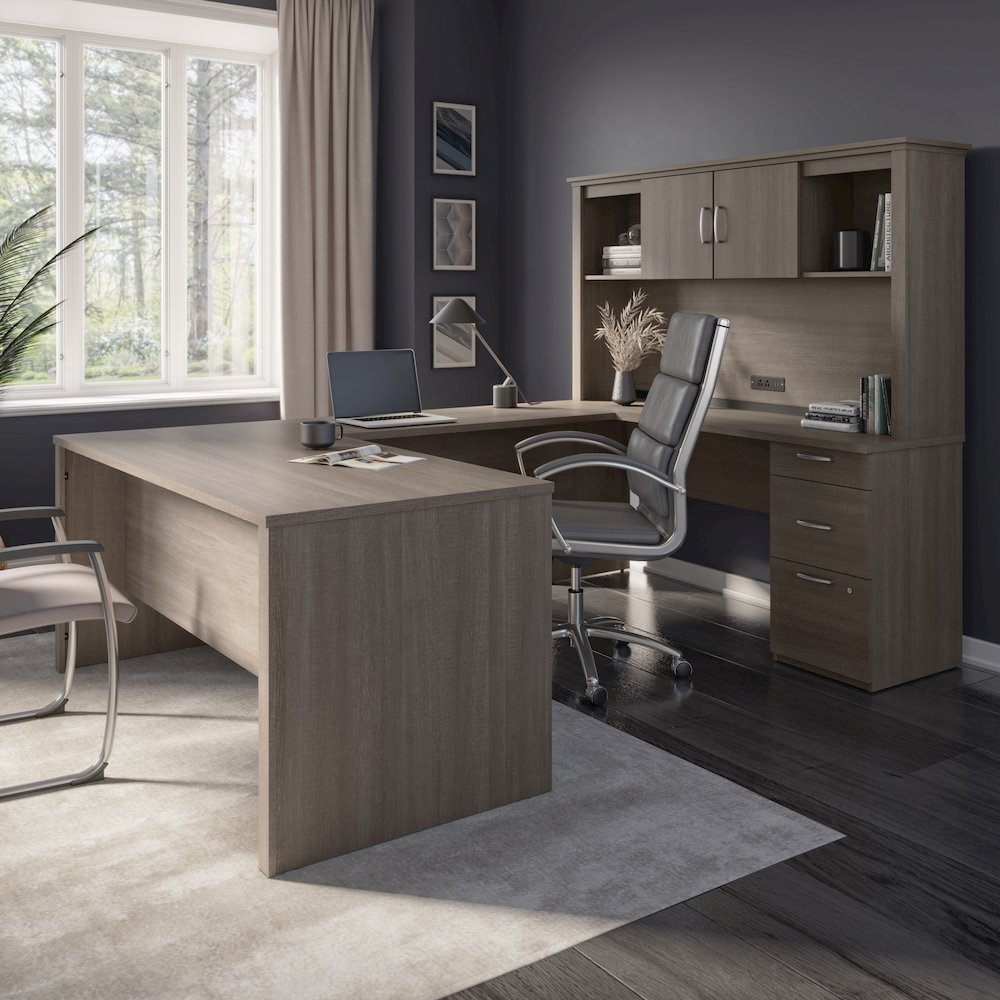 Bestar Logan 66W U or L-Shaped Executive Office Desk with Pedestal and Hutch in bark grey. Picture 1