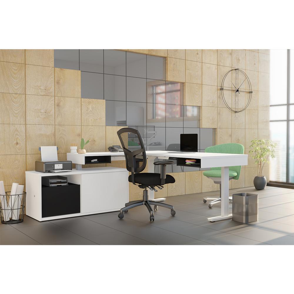 Height Adjustable L-Desk in White and Black. Picture 3