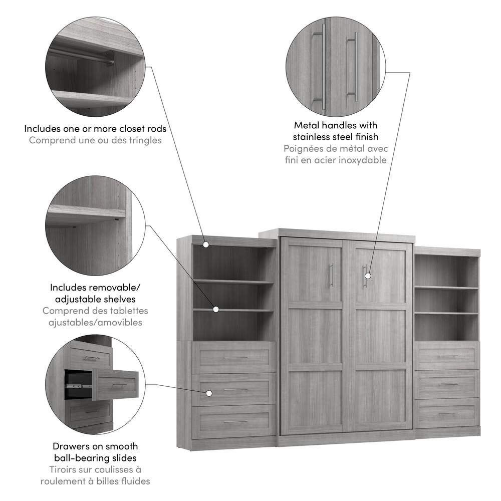Pur Queen Murphy Bed and 2 Shelving Units with Drawers (136W) in Platinum Gray. Picture 7