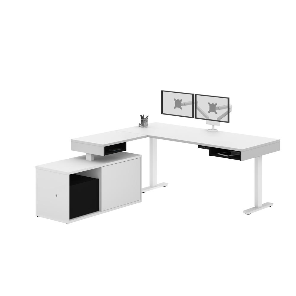 Height Adjustable L-Desk with Dual Monitor Arm in White and Black. Picture 1