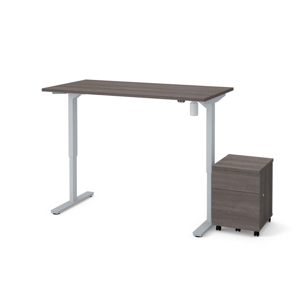 Bestar 2-Piece 30" x 60" Electric Height adjustable table and Mobile filing cabinet in Bark Gray. Picture 2