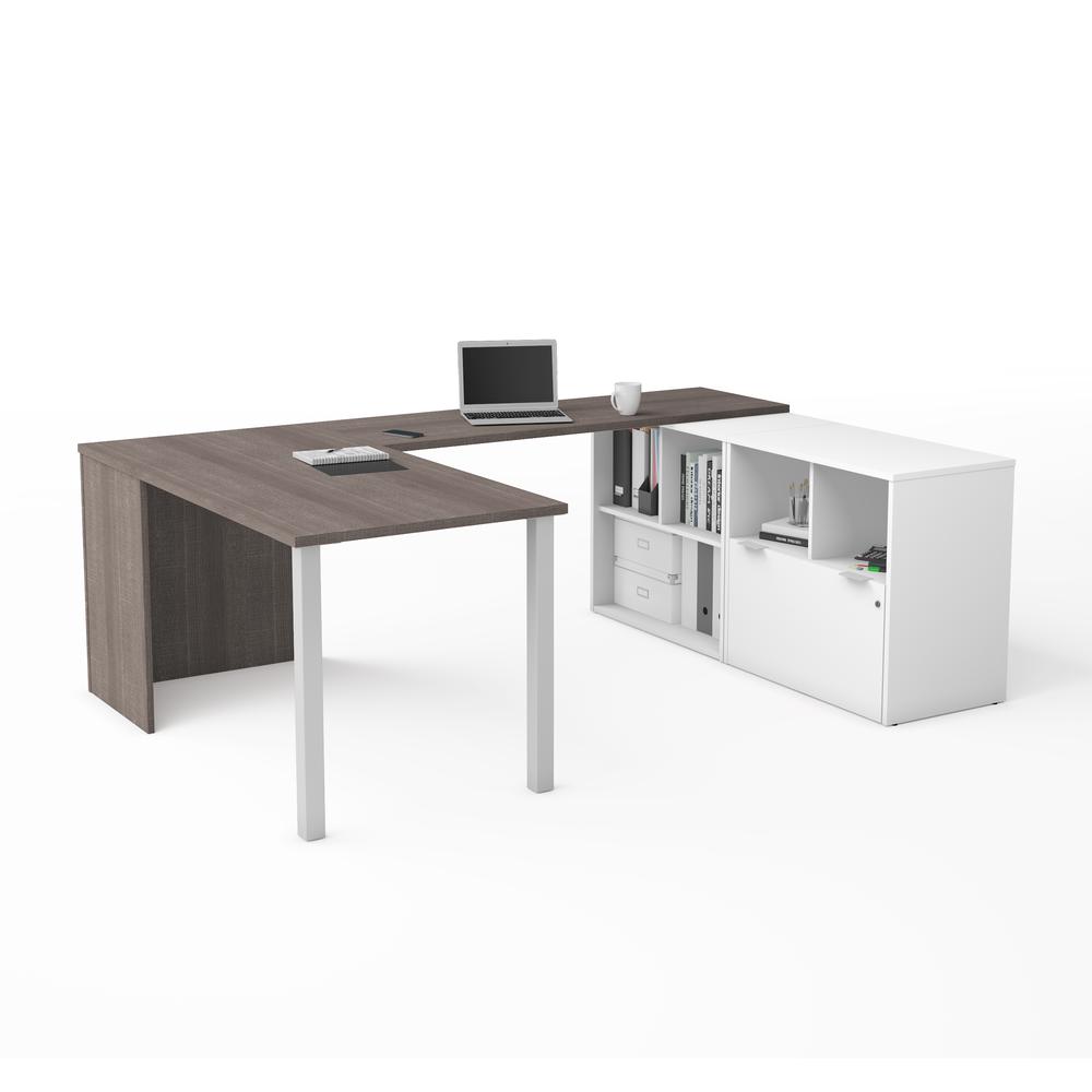 i3 Plus U-Desk with One File Drawer in Bark Gray & White. The main picture.