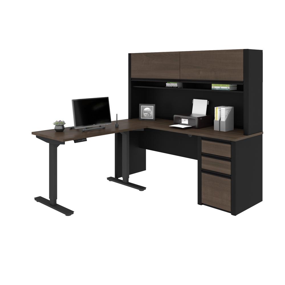 Connexion Height Adjustable L-Desk with Hutch in Antigua & Black. Picture 1