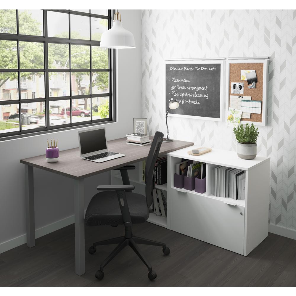 i3 Plus L-Desk with One File Drawer in Bark Gray & White. Picture 3