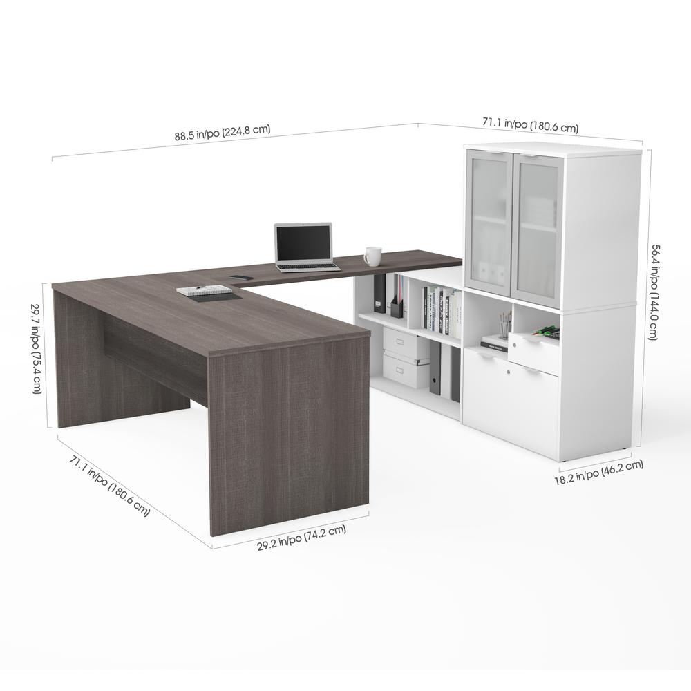 i3 Plus U-Desk with Frosted Glass Door Hutch in Bark Gray & White. Picture 2