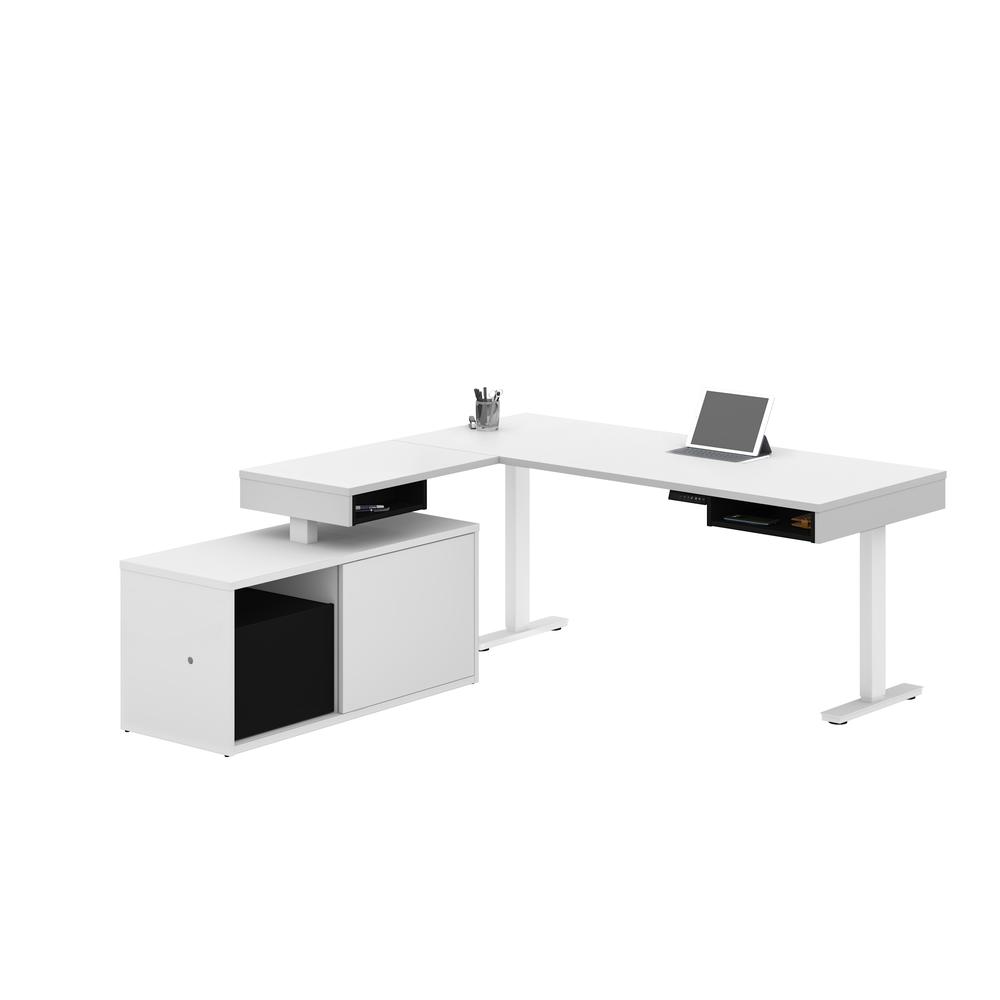 Height Adjustable L-Desk in White and Black. Picture 1