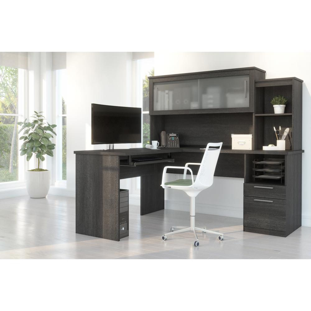 Bestar Dayton 63W Computer Desk with Pedestal and Hutch in bark grey. The main picture.